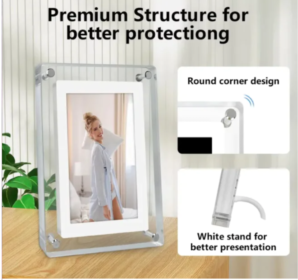 Acrylic Digital Photo Frame with Video Playback & 1GB Storage – Battery & USB-C Compatible